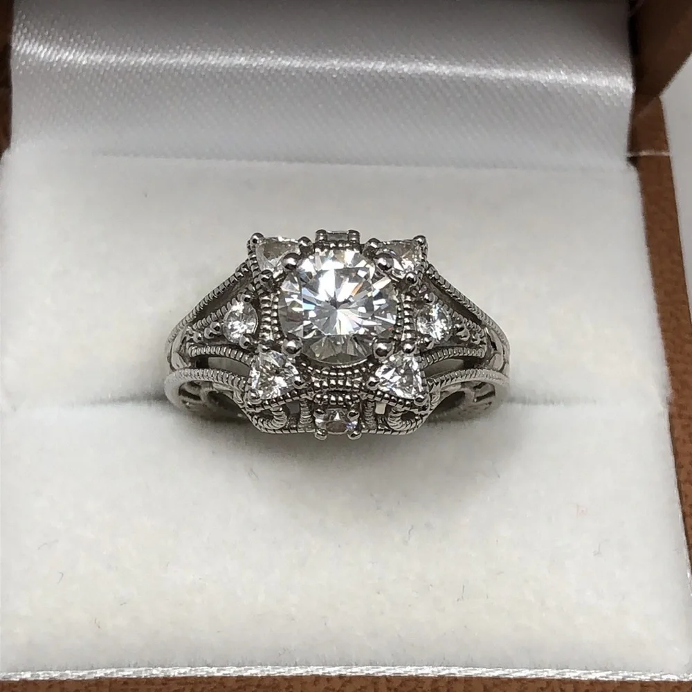 Moissanite Engagement Ring Sterling Silver 925 Vintage Halo Filigree Bridal Sz 6